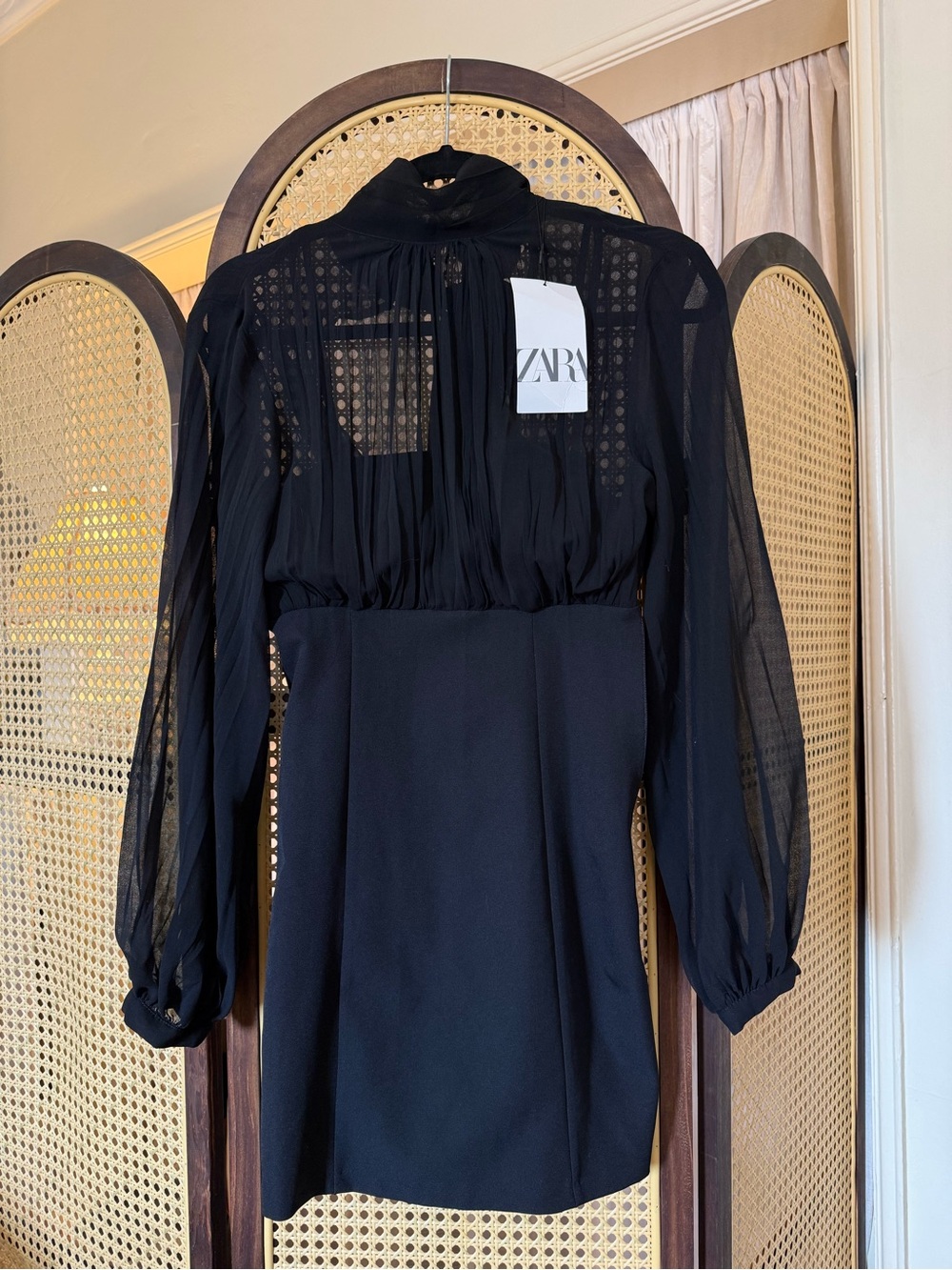 Zara Black Long-Sleeve Sheer Yoke Mini Dress